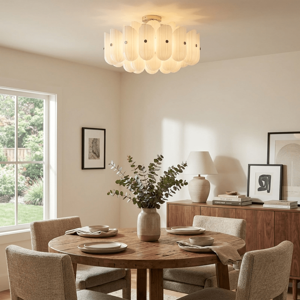 Sorelle Fluted Glass LED Semi-Flush Ceiling Light — finish, form and room detail 2