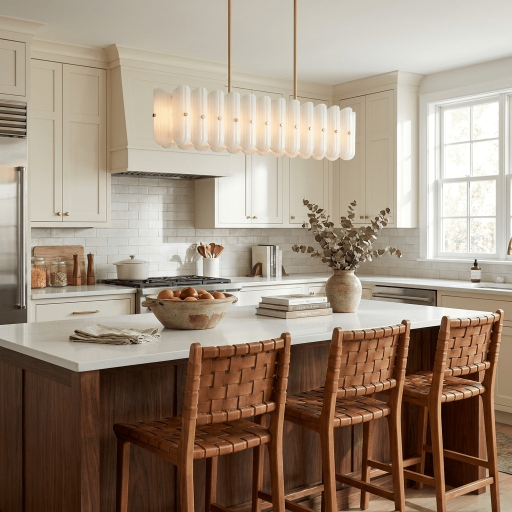 Sorelle Linear Fluted Glass LED Island Chandelier — finish, form and room detail 2