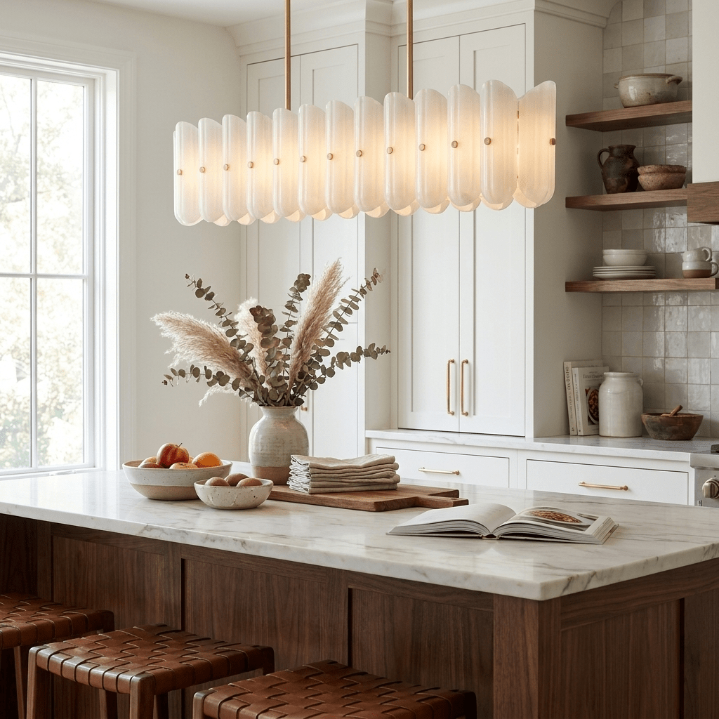 Sorelle Linear Fluted Glass LED Island Chandelier — finish, form and room detail 3