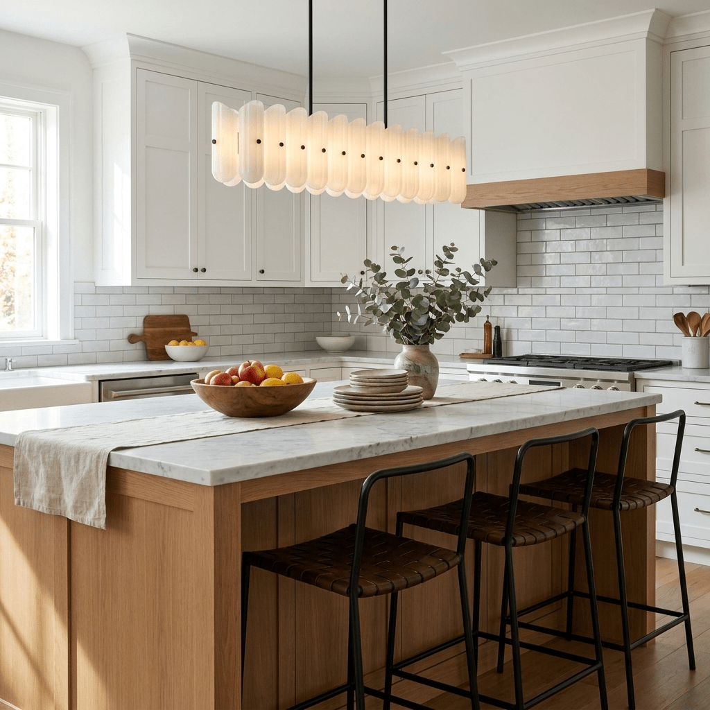 Sorelle Linear Fluted Glass LED Island Chandelier — finish, form and room detail 4
