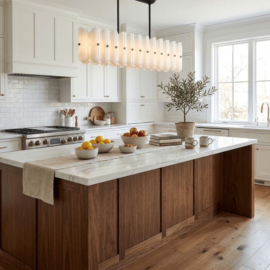 Sorelle Linear Fluted Glass LED Island Chandelier — finish, form and room detail 5