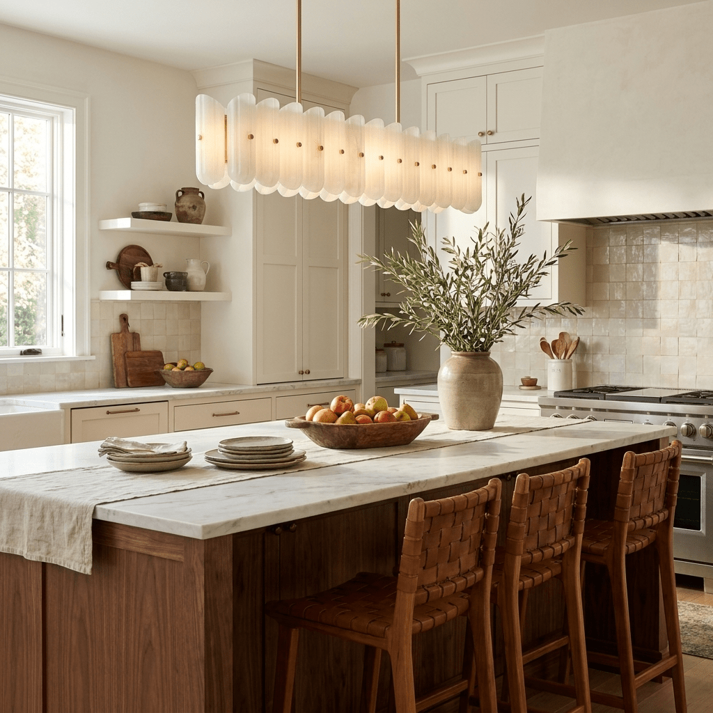 Sorelle Linear Fluted Glass LED Island Chandelier — finish, form and room detail 6