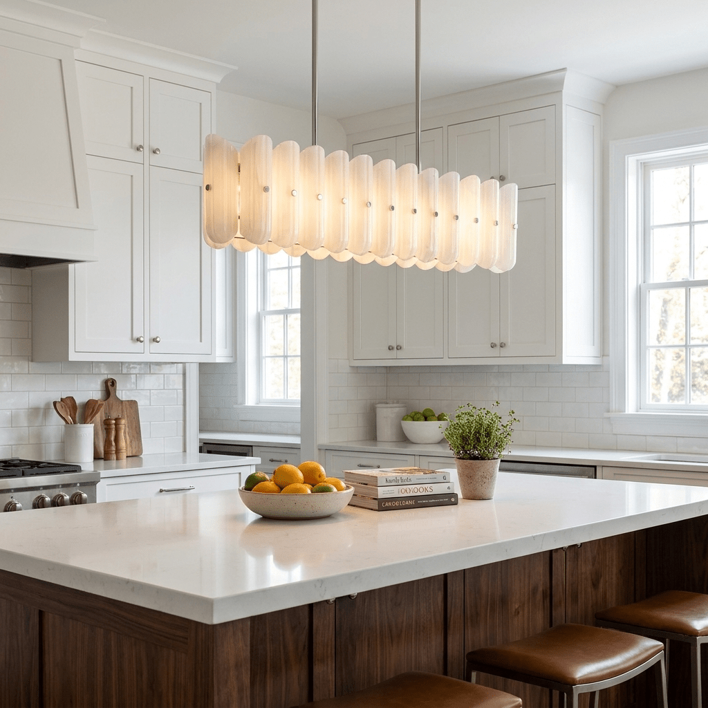 Sorelle Linear Fluted Glass LED Island Chandelier — finish, form and room detail 7
