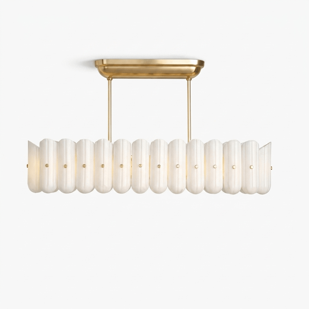 Sorelle Linear Fluted Glass LED Island Chandelier — finish, form and room detail 11