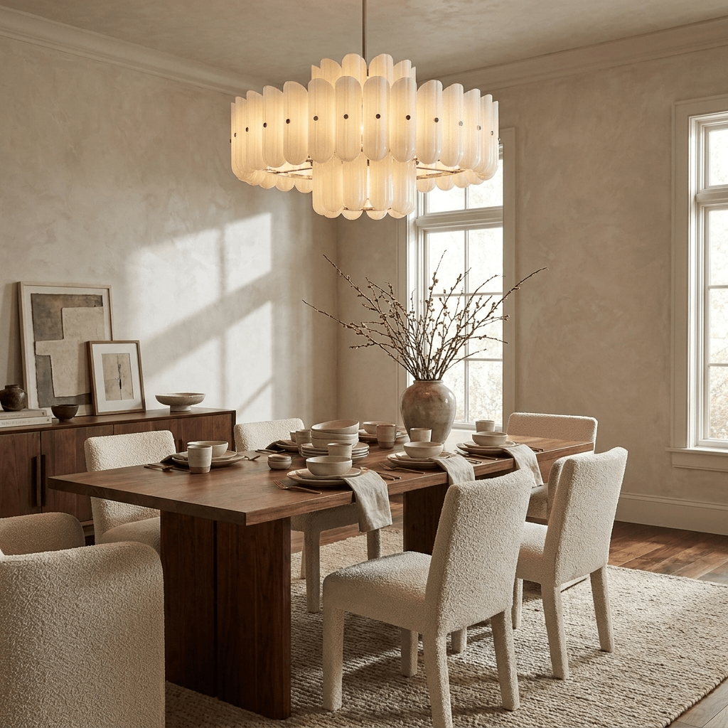 Sorelle Wide Fluted Glass LED Chandelier — finish, form and room detail 2