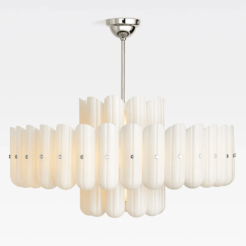 Sorelle Wide Fluted Glass LED Chandelier — finish, form and room detail 7
