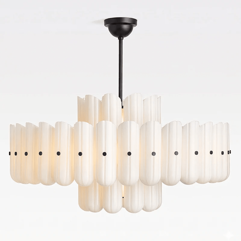 Sorelle Wide Fluted Glass LED Chandelier — finish, form and room detail 9