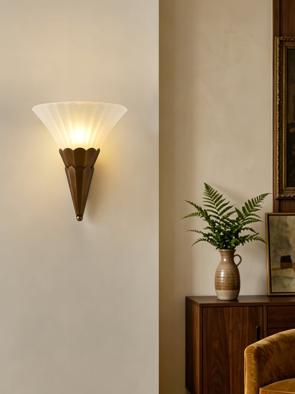 Virelle Layered Fan Glass Wall Sconce — finish, form and room detail 3