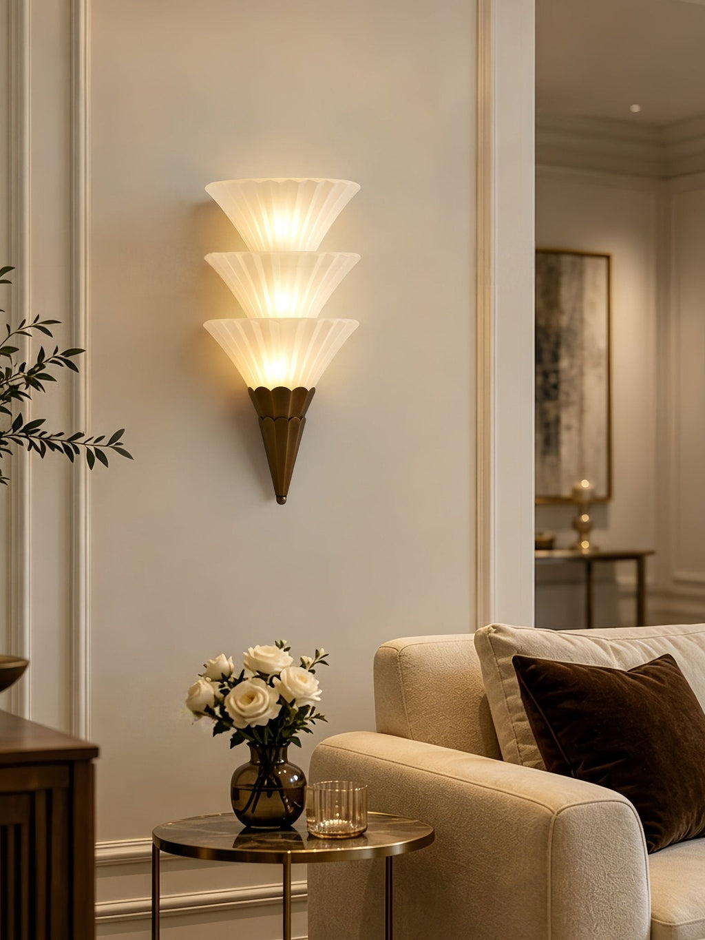 Virelle Layered Fan Glass Wall Sconce — finish, form and room detail 4