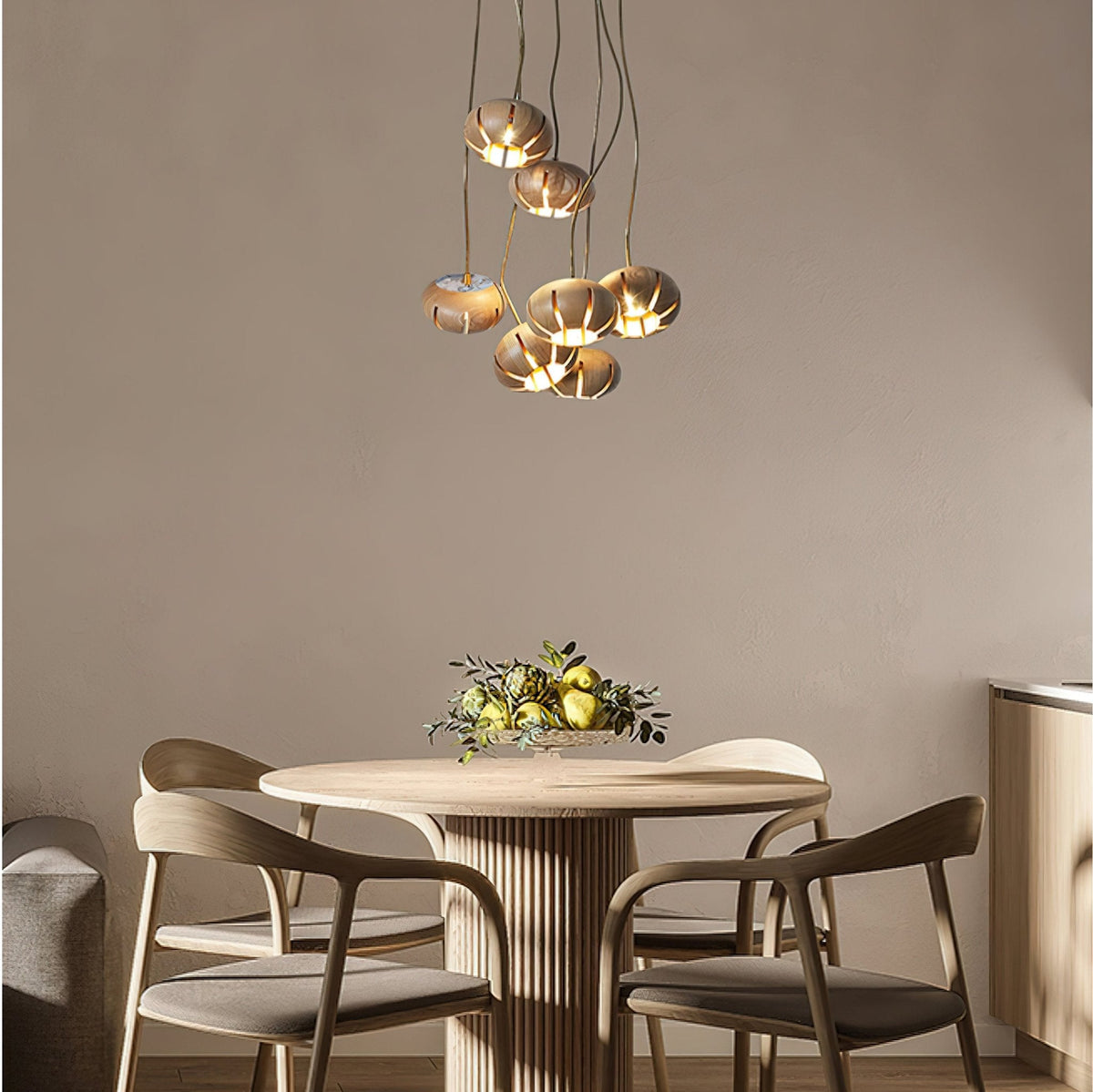 Wood Pumpkin Cluster Chandelier — product and interior detail 2