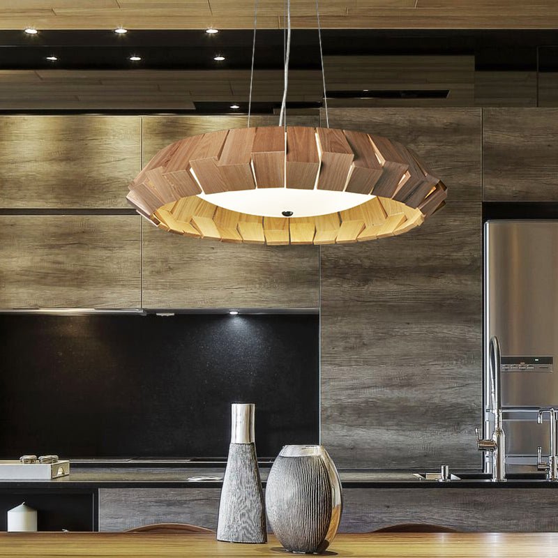Wooden Patchwork Ring Chandelier — product and interior detail 2