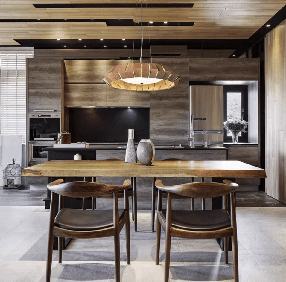 Wooden Patchwork Ring Chandelier — product and interior detail 4