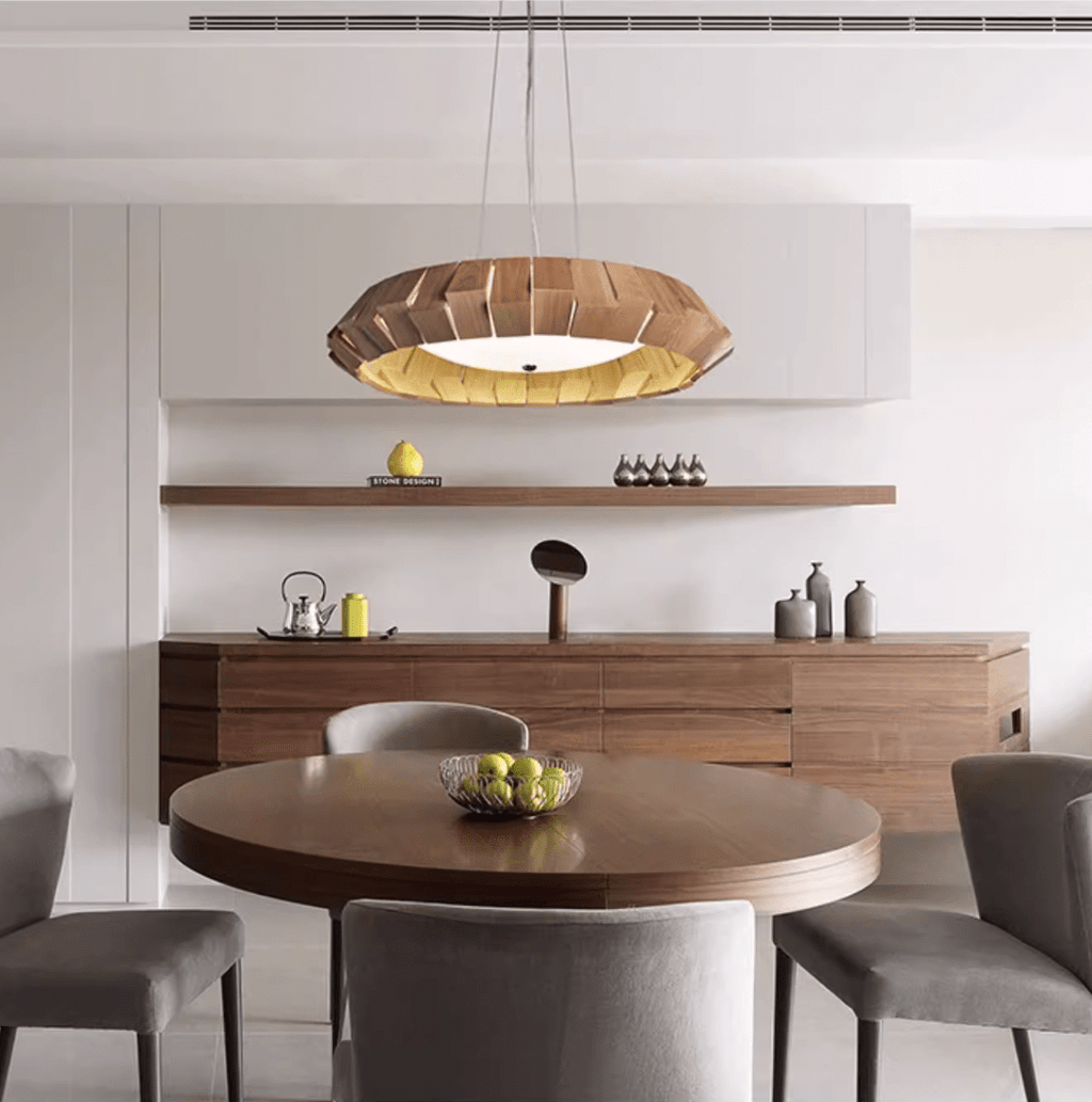 Wooden Patchwork Ring Chandelier — product and interior detail 5