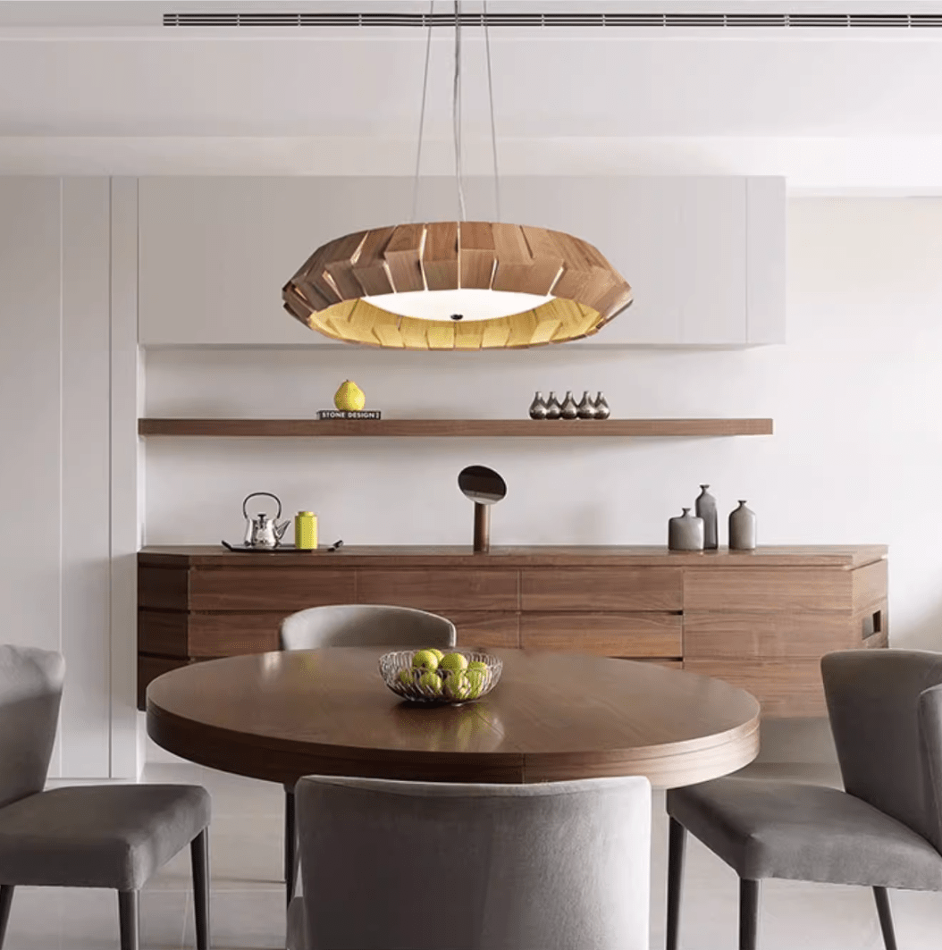 Wooden Patchwork Ring Chandelier — product and interior detail 5