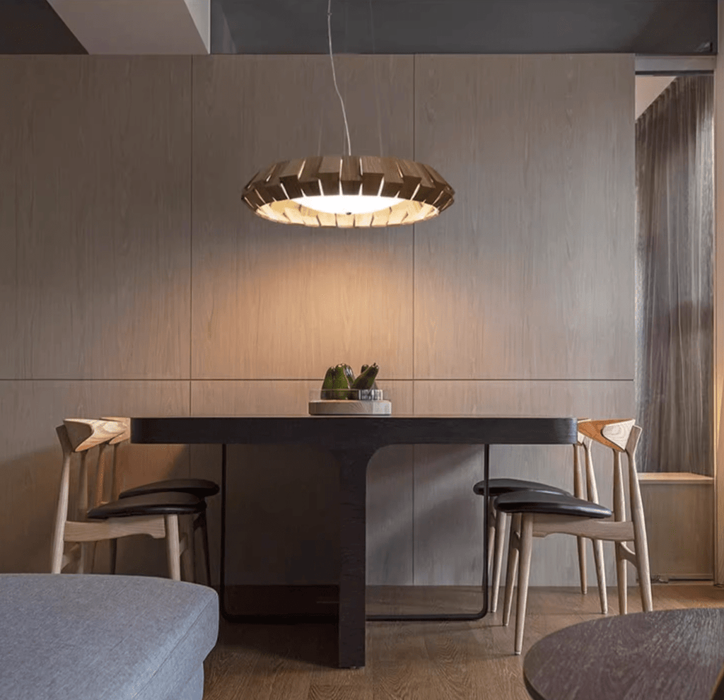 Wooden Patchwork Ring Chandelier — product and interior detail 6