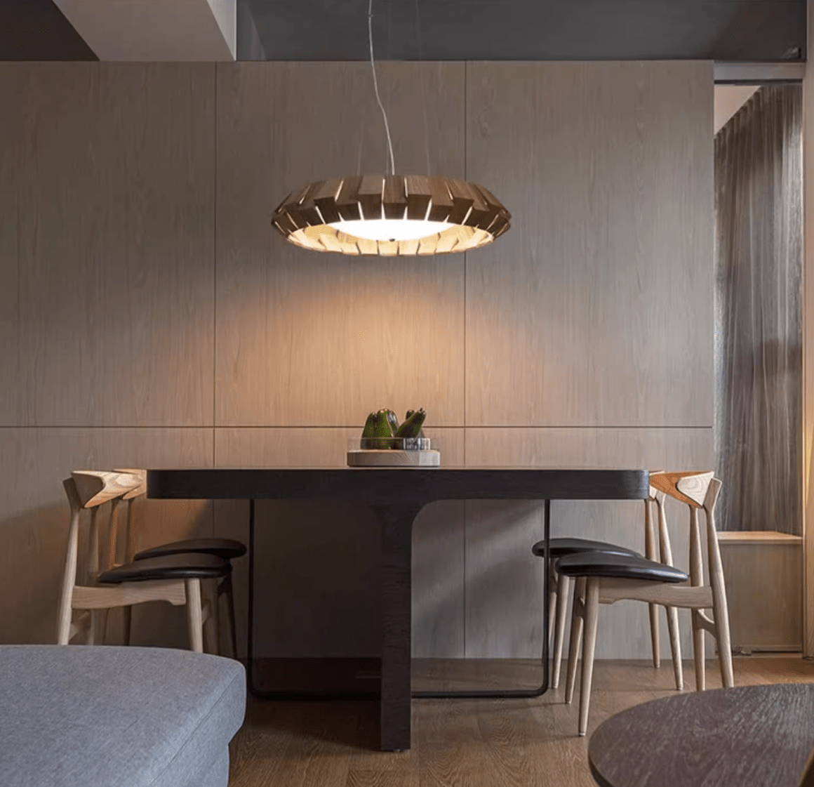 Wooden Patchwork Ring Chandelier — product and interior detail 6