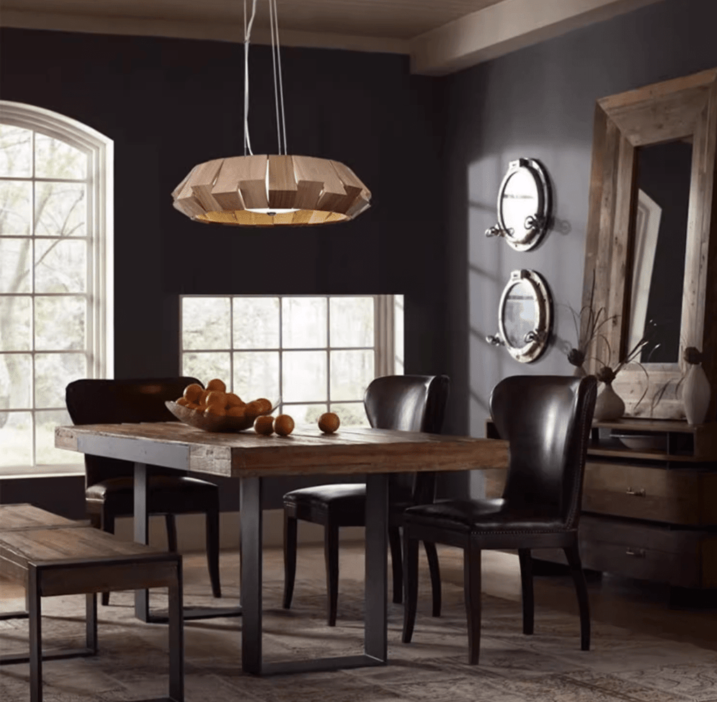 Wooden Patchwork Ring Chandelier — product and interior detail 7