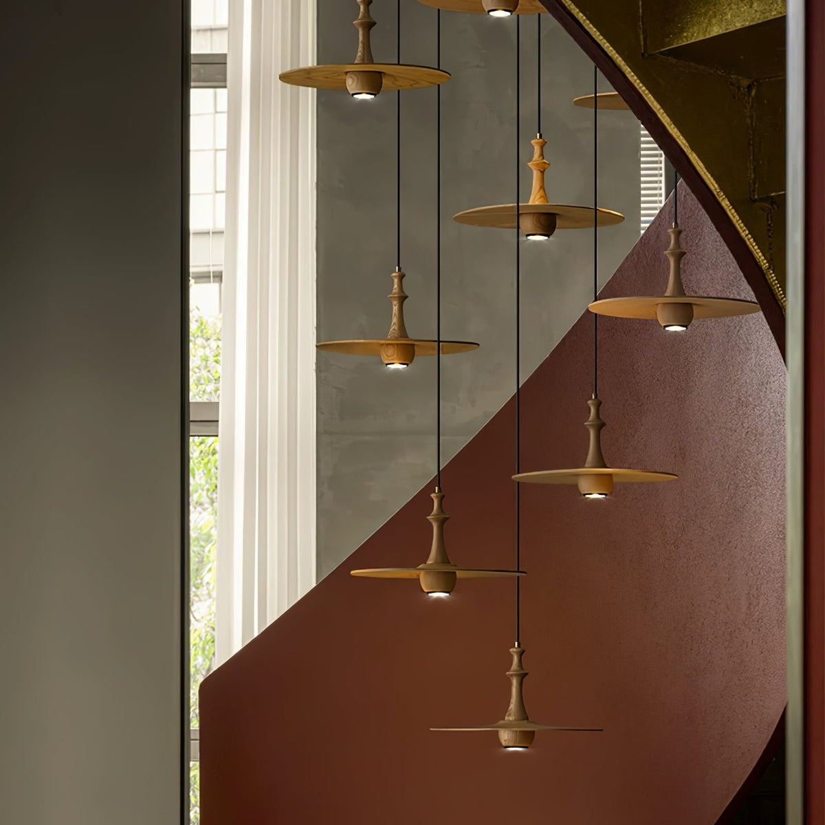 Wooden Spin Pendant Light — product and interior detail 4