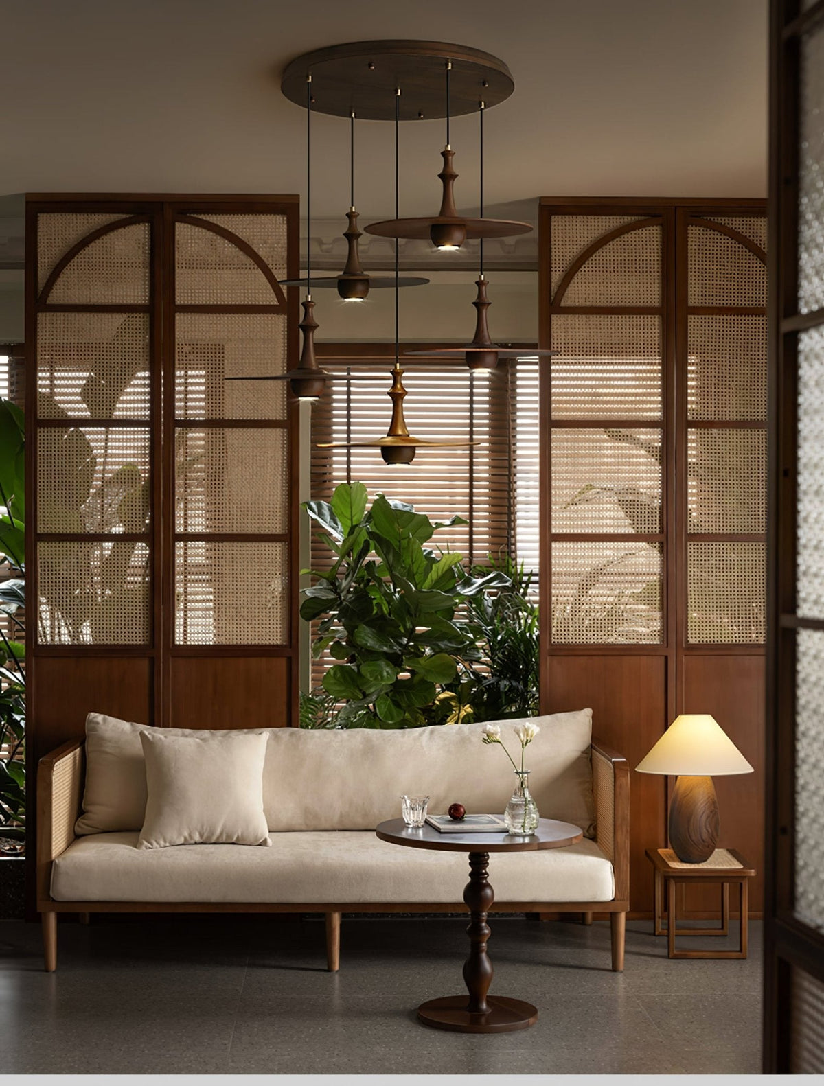 Wooden Spin Pendant Light — product and interior detail 7